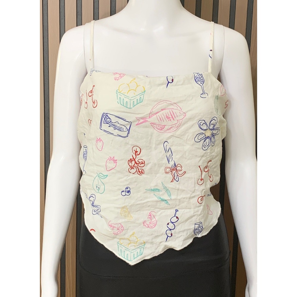American Eagle Women's XL White Linen Food Doodle Handkerchief Hem Cami Top